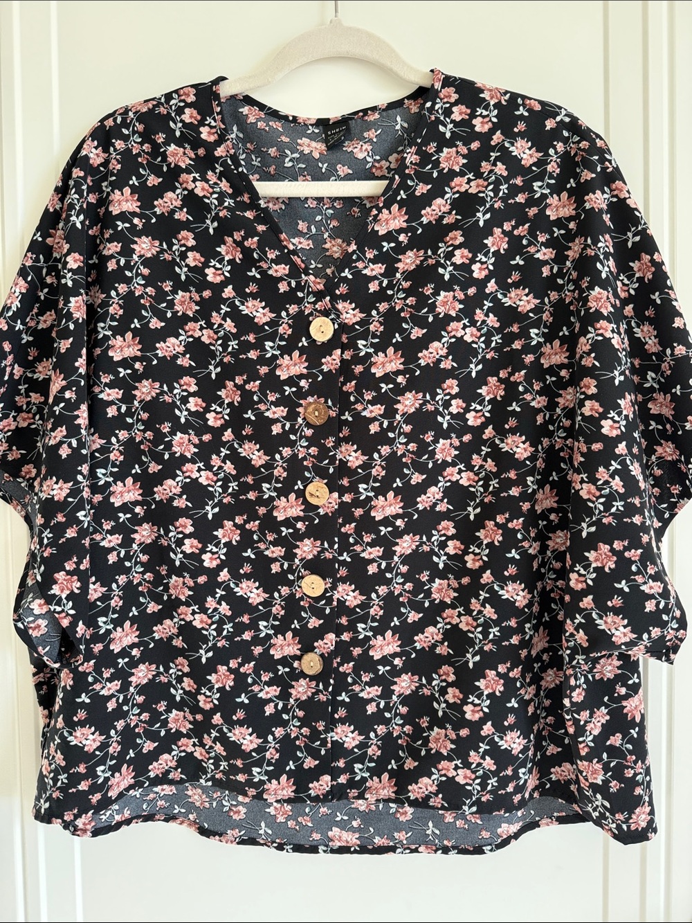 Black Blouse with Pink Floral Print and Button Front